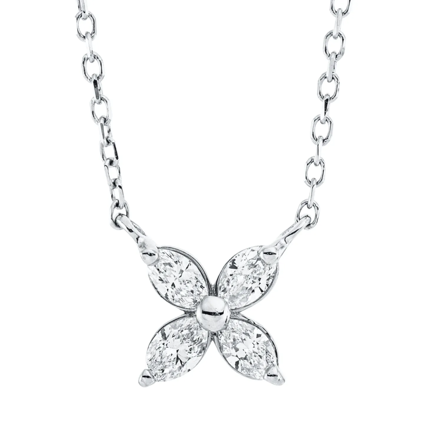 Collier Blume aus 750 Weißgold 4 Diamanten Navette-Schliff 0,2ct TW-SI L:45cm