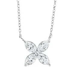 Collier Blume aus 750 Weißgold 4 Diamanten Navette-Schliff 0,64ct TW-SI L:45cm