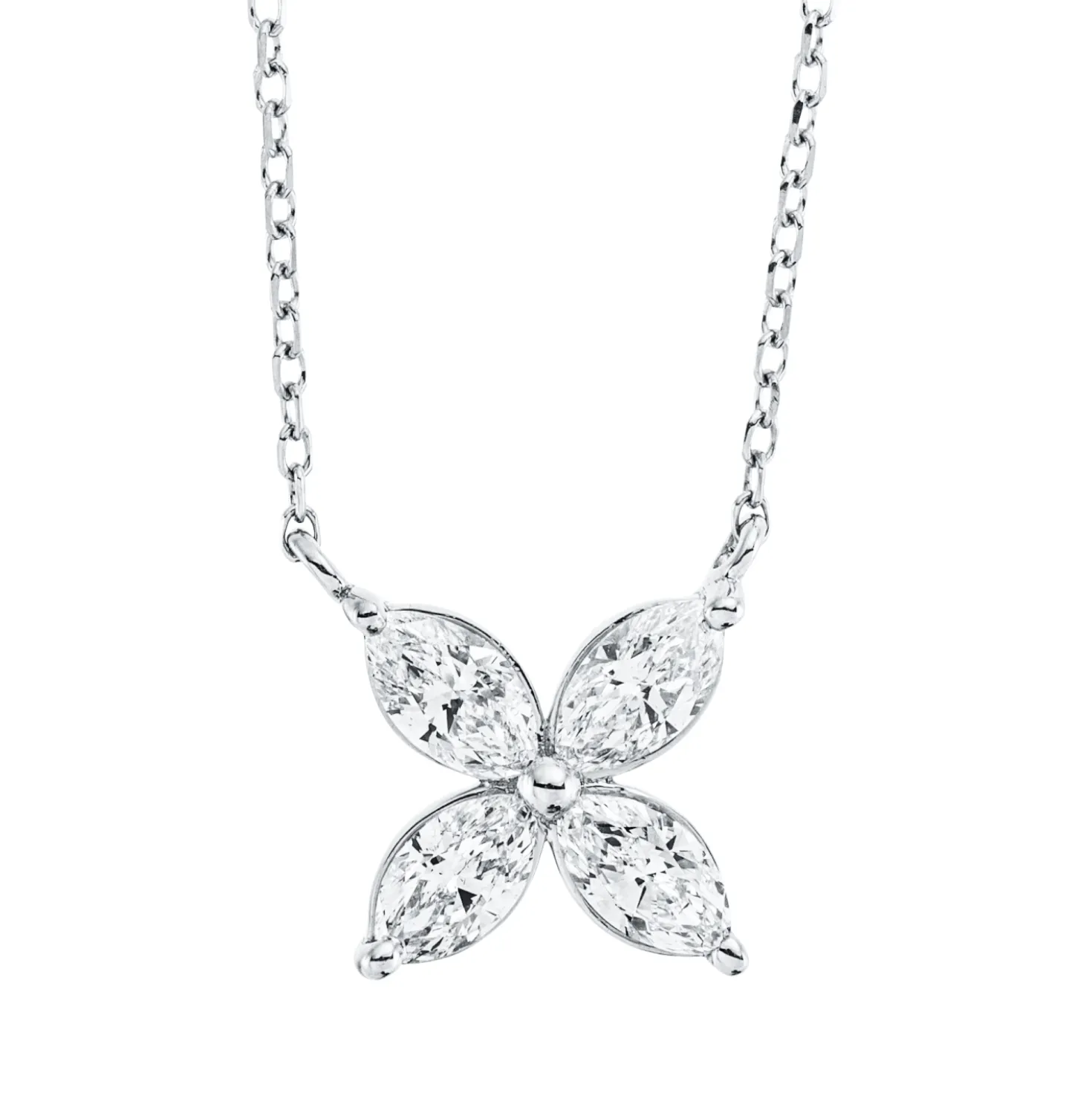 Collier Blume aus 750 Weißgold 4 Diamanten Navette-Schliff 0,64ct TW-SI L:45cm