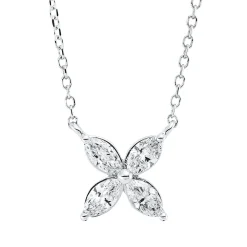 Collier Blume aus 750 Weißgold 4 Diamanten Navette-Schliff 0,4ct TW-SI L:45cm