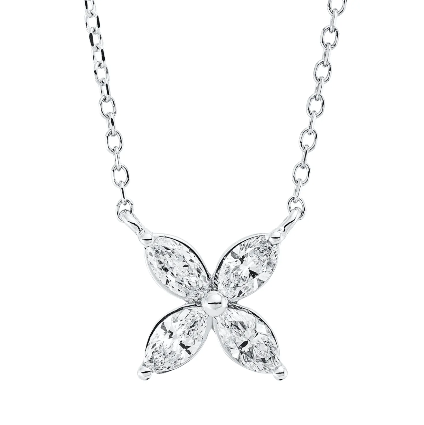 Collier Blume aus 750 Weißgold 4 Diamanten Navette-Schliff 0,4ct TW-SI L:45cm