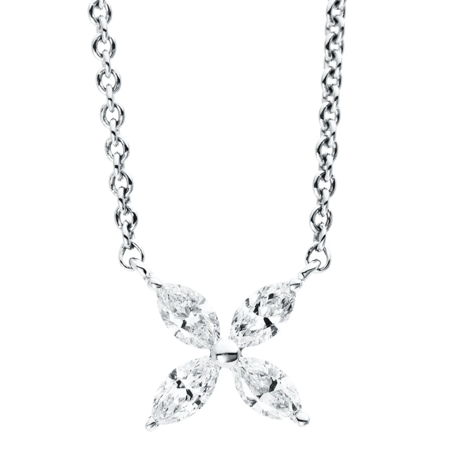 Collier Blume aus 750 Weißgold 4 Diamanten Navette-Schliff 0,3ct TW-SI L:45cm