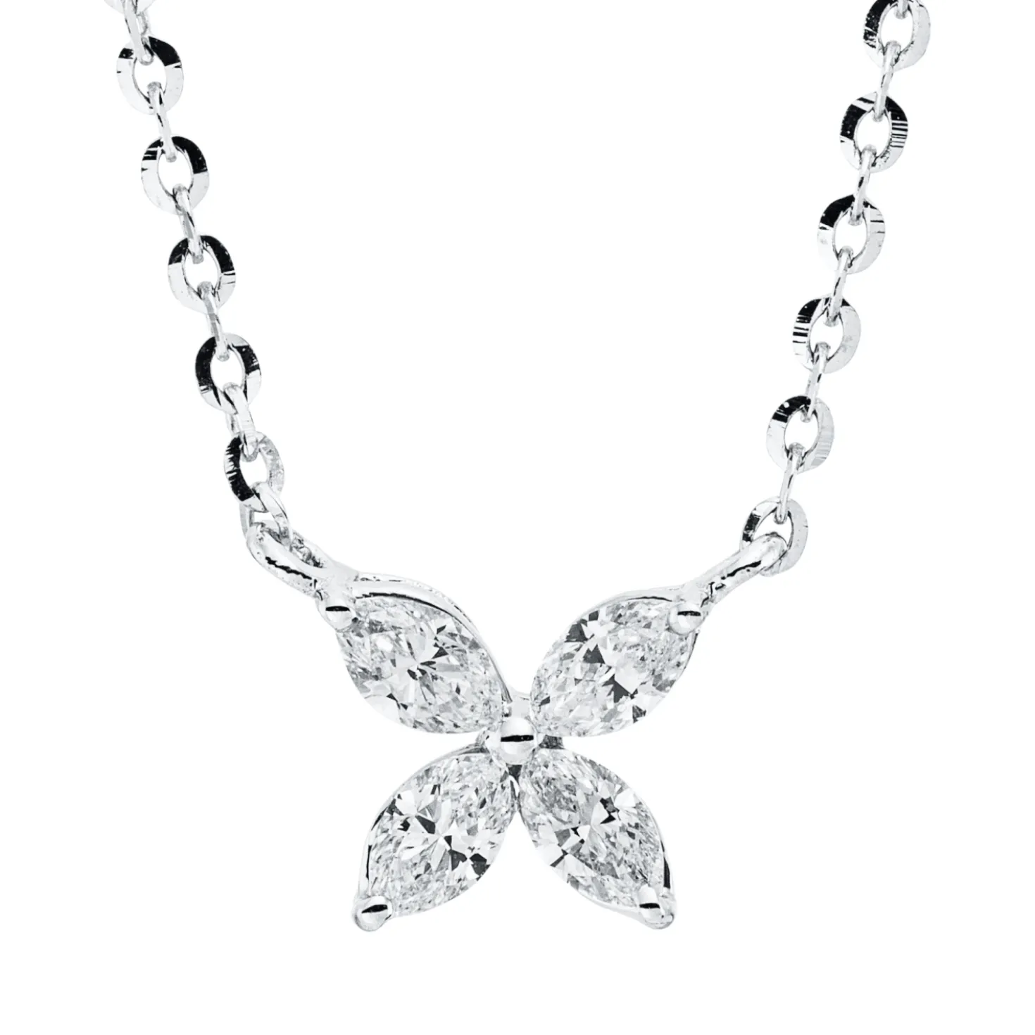 Collier Blume aus 750 Weißgold 4 Diamanten Navette-Schliff 0,36ct TW-VSI L:45,7cm