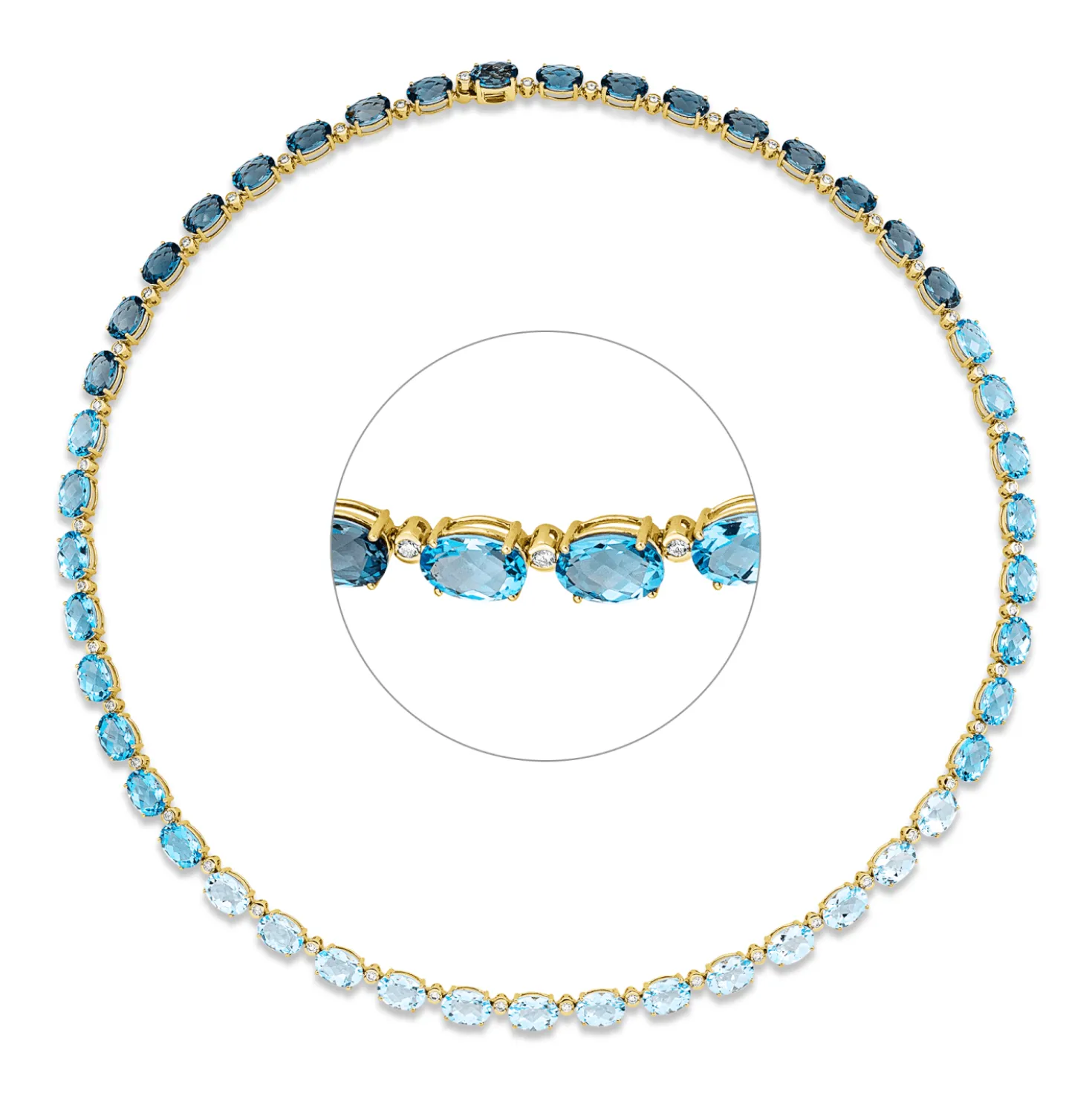 Collier 750 Gelbgold 46 Topase 42ct London Blue 46 Brillanten 0,79ct TW-SI L:42cm