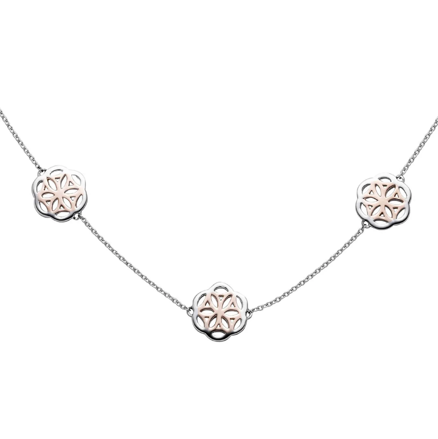 Collier Halskette mit drei Anhänger Blumen Muster, 925 Silber vergoldet, 42cm