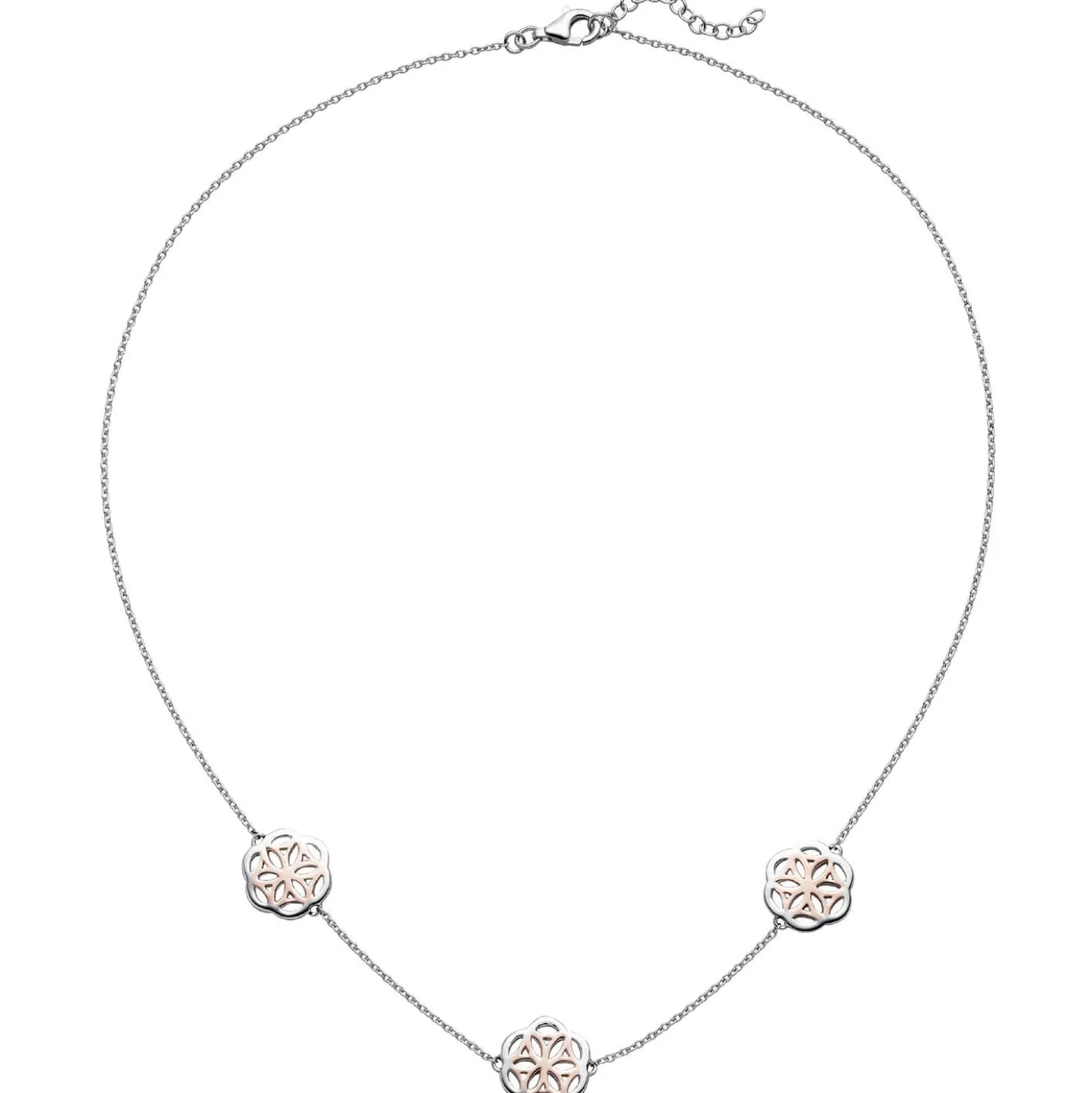 Collier Halskette mit drei Anhänger Blumen Muster, 925 Silber vergoldet, 42cm