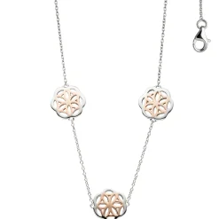 Collier Halskette mit drei Anhänger Blumen Muster, 925 Silber vergoldet, 42cm