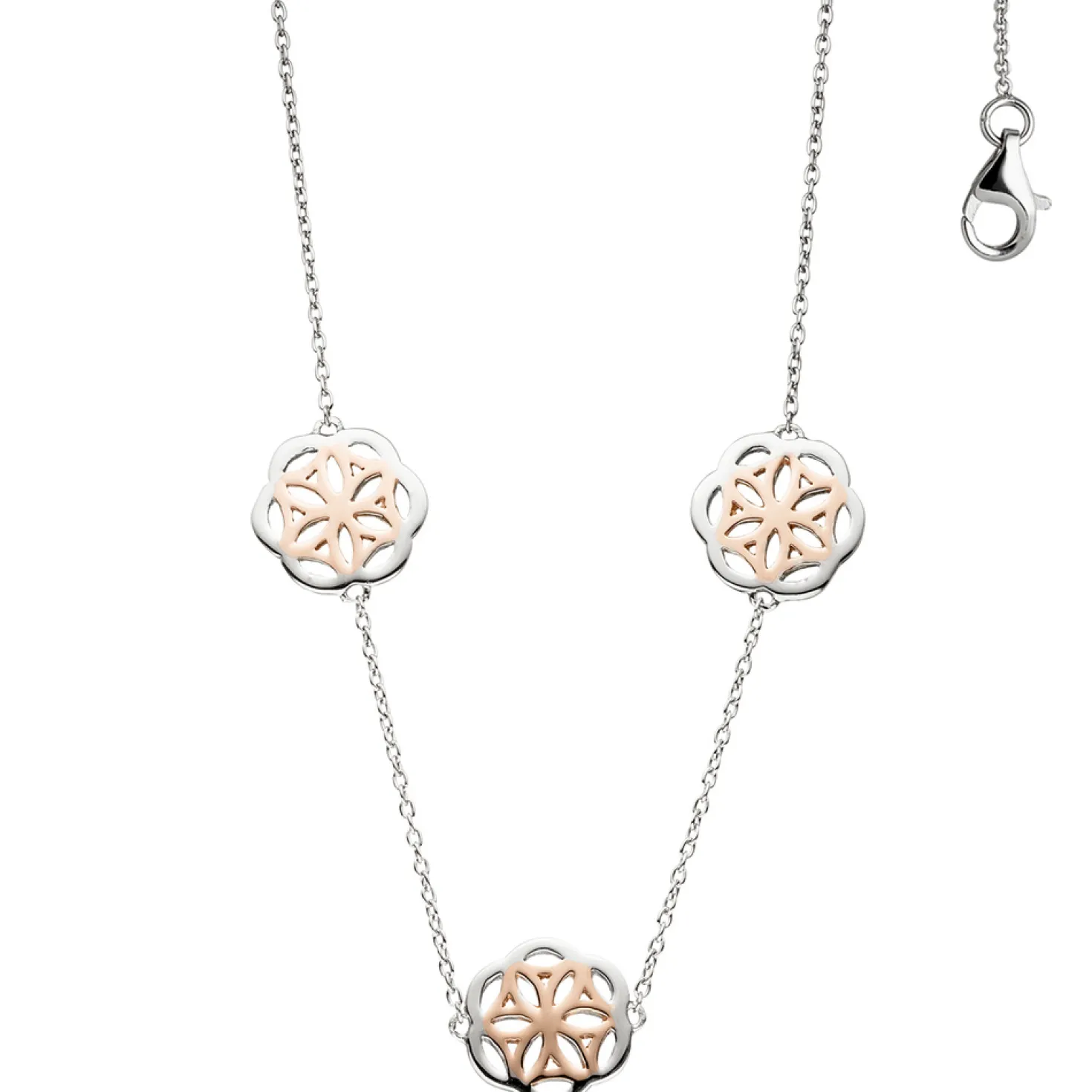 Collier Halskette mit drei Anhänger Blumen Muster, 925 Silber vergoldet, 42cm