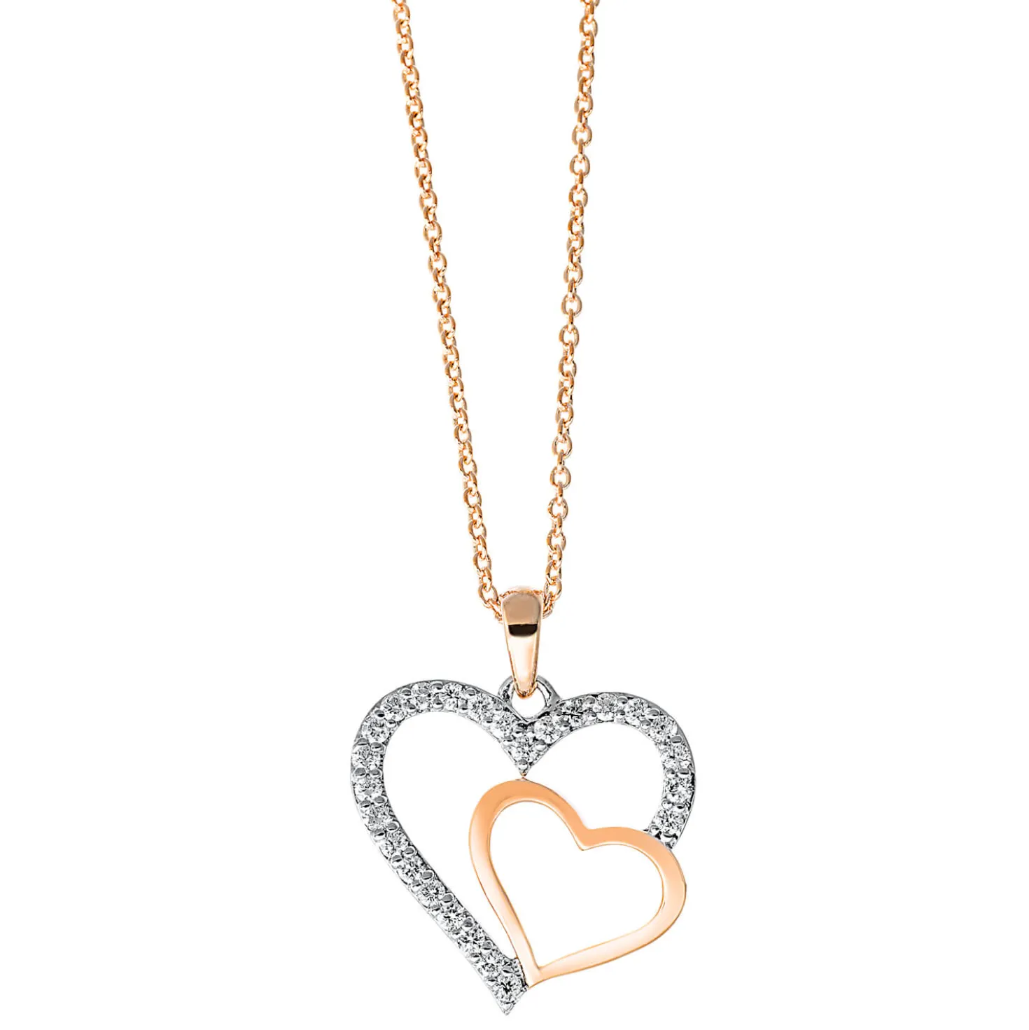 Collier 2 Herzen 750 Rotgold 25 Brillanten 0,21ct TW-SI L:42cm Fassung rhodiniert