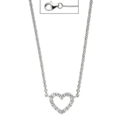 Collier Kette Halskette mit Anhänger, Herz mit Zirkonia weiß, 925 Silber 42cm