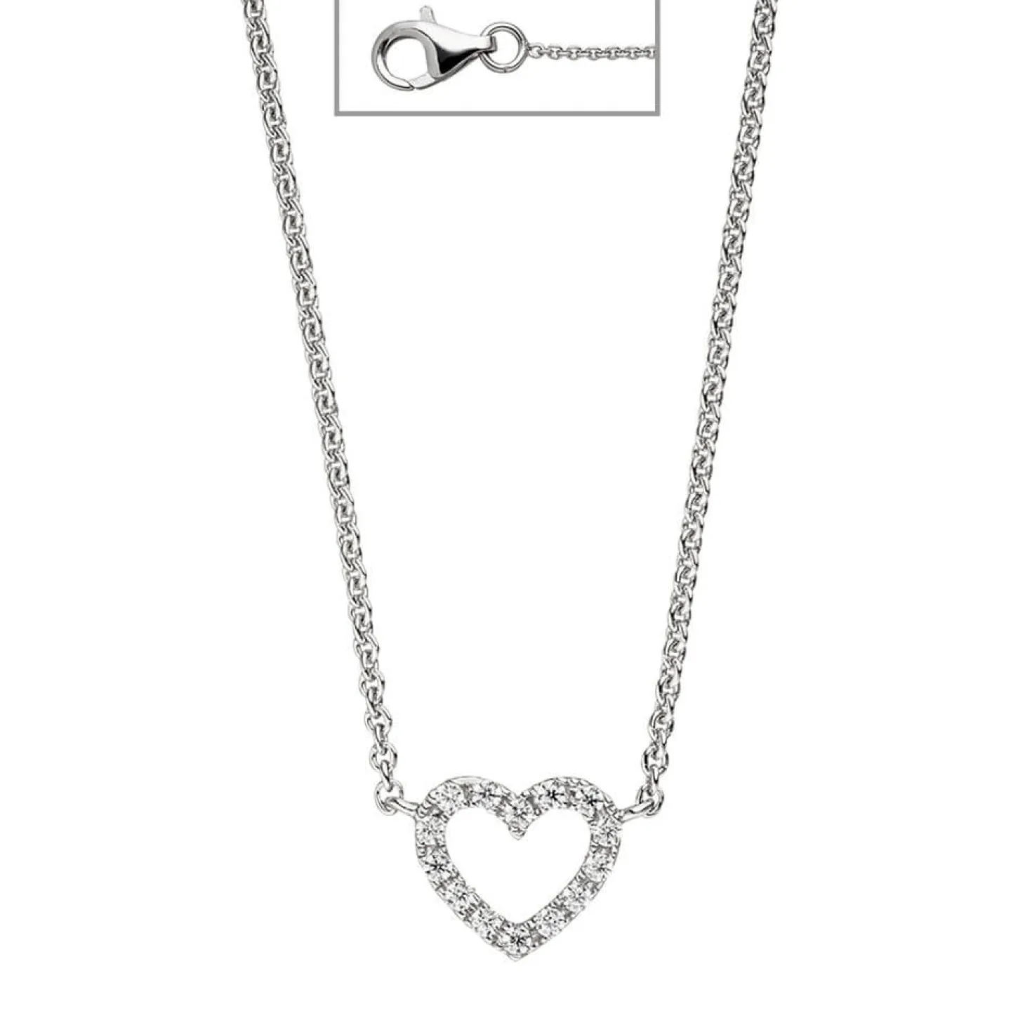 Collier Kette Halskette mit Anhänger, Herz mit Zirkonia weiß, 925 Silber 42cm
