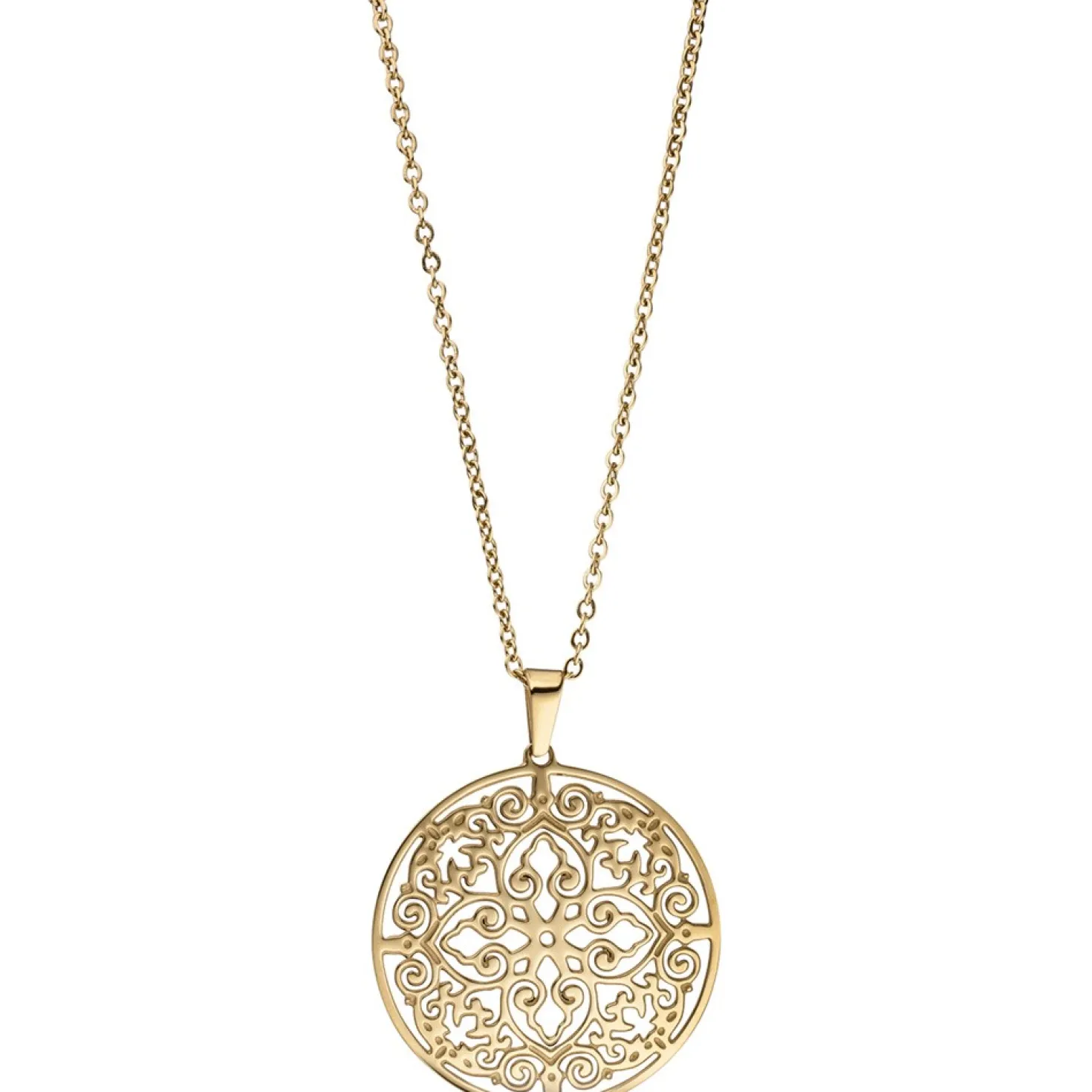 Collier Kette mit Anhänger, antik Ornament, rund, Edelstahl in Goldfarbe, 46cm