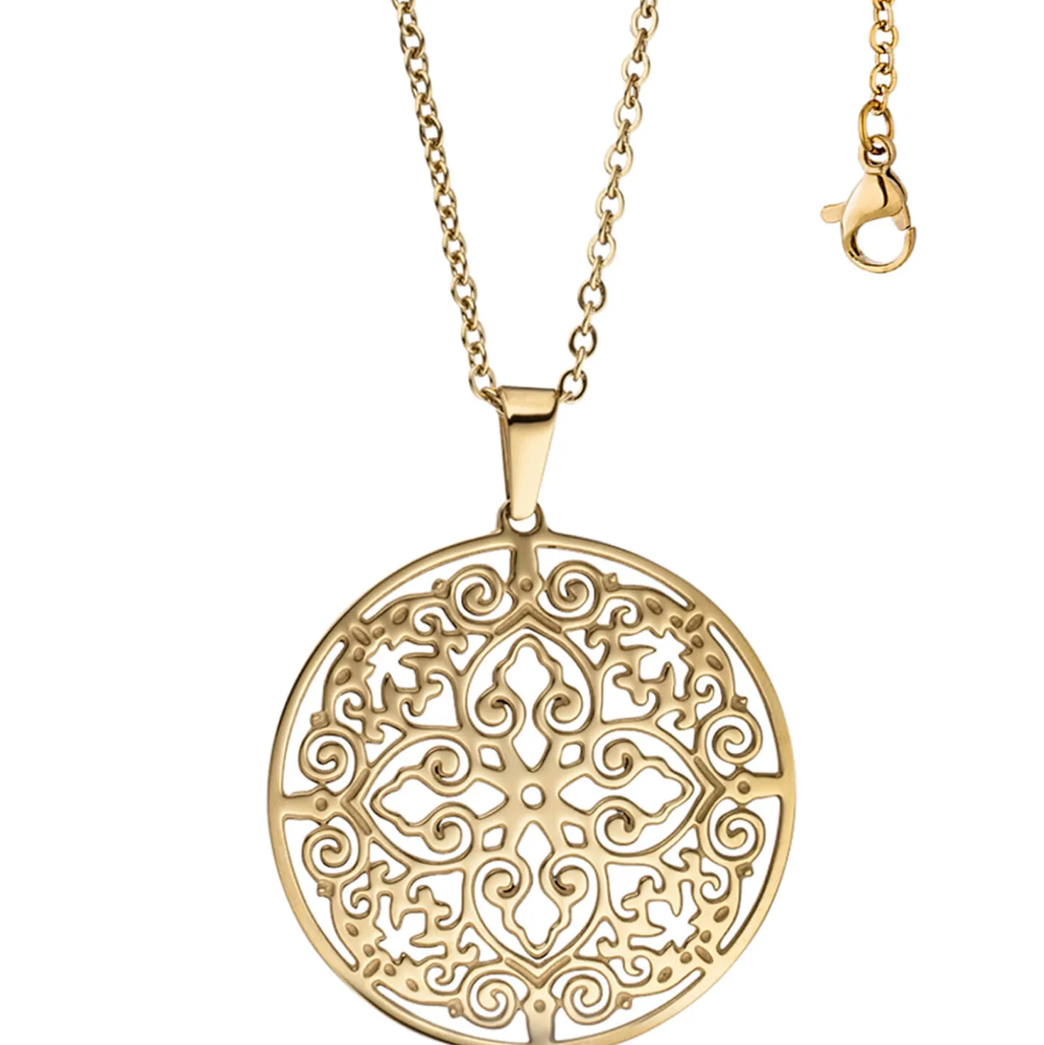 Collier Kette mit Anhänger, antik Ornament, rund, Edelstahl in Goldfarbe, 46cm