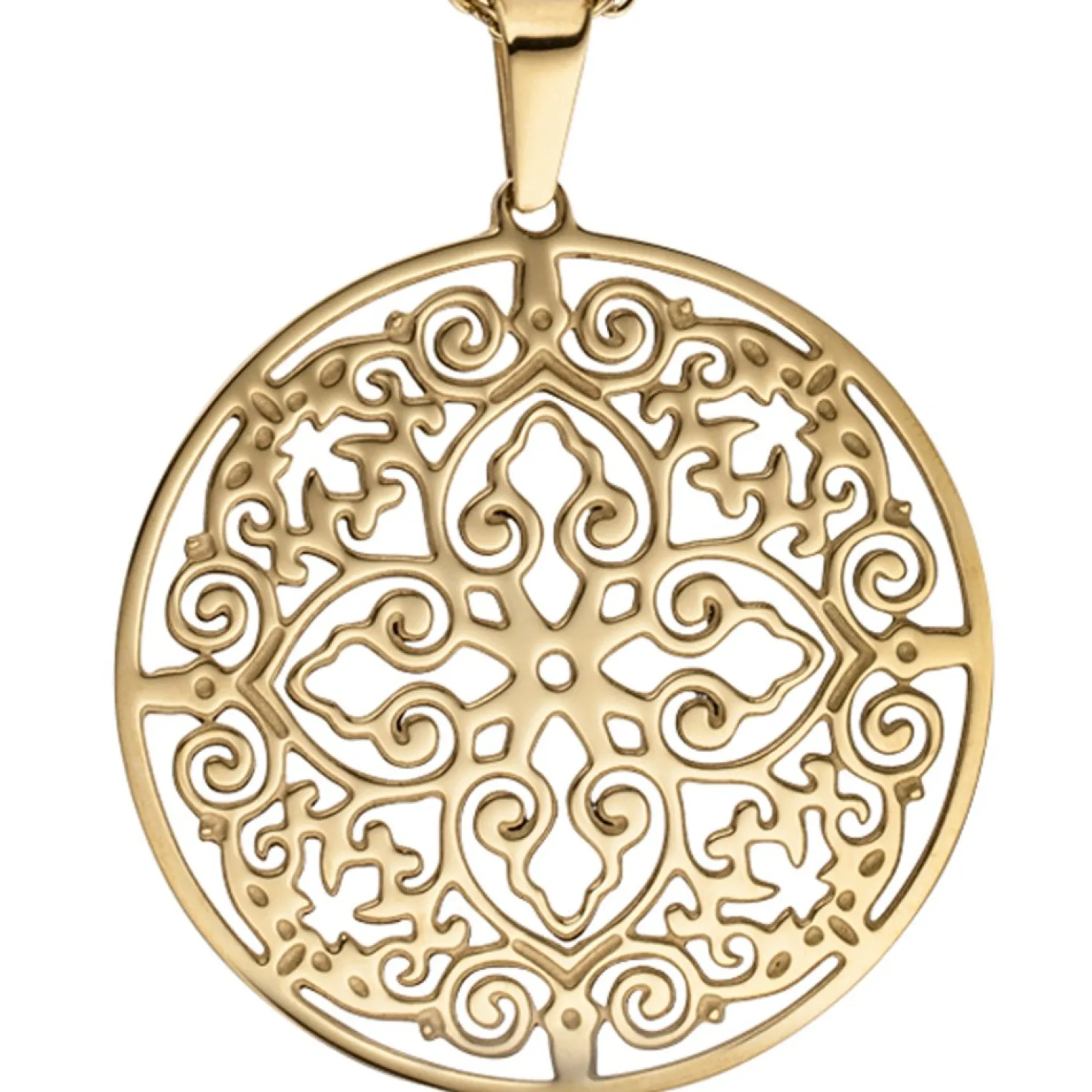 Collier Kette mit Anhänger, antik Ornament, rund, Edelstahl in Goldfarbe, 46cm