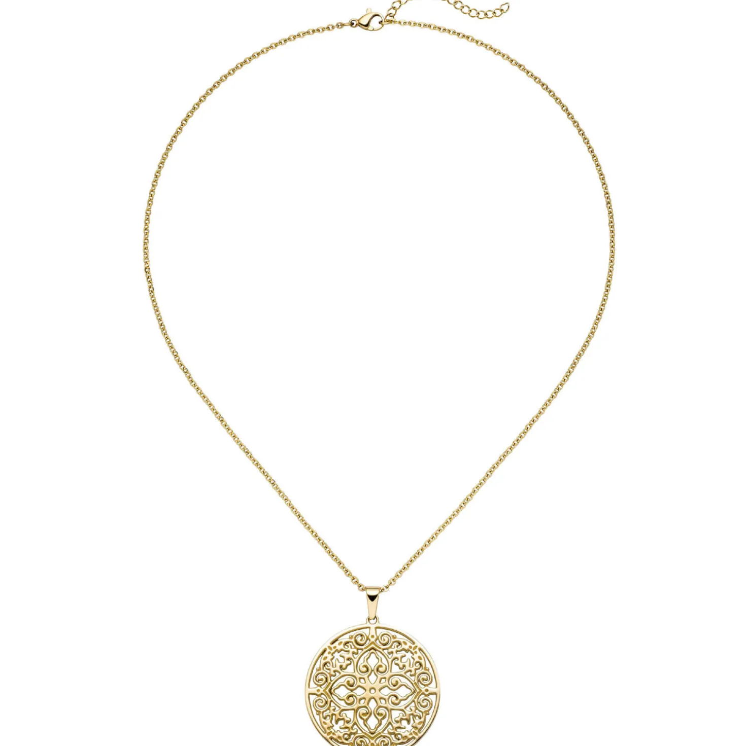Collier Kette mit Anhänger, antik Ornament, rund, Edelstahl in Goldfarbe, 46cm