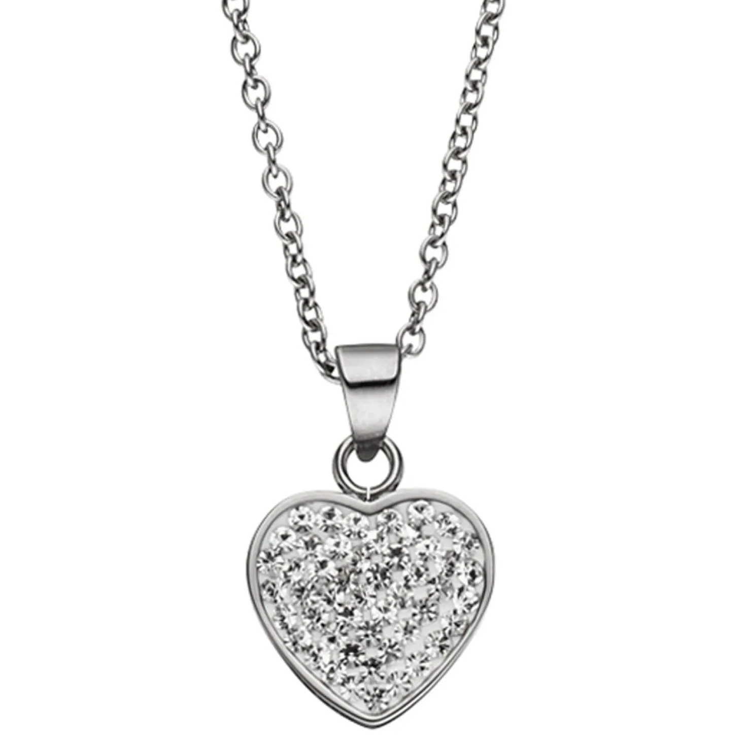 Collier Kette mit Anhänger Herz Herzanhänger, weiße Kristalle, Edelstahl, 45cm