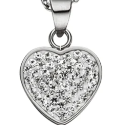 Collier Kette mit Anhänger Herz Herzanhänger, weiße Kristalle, Edelstahl, 45cm
