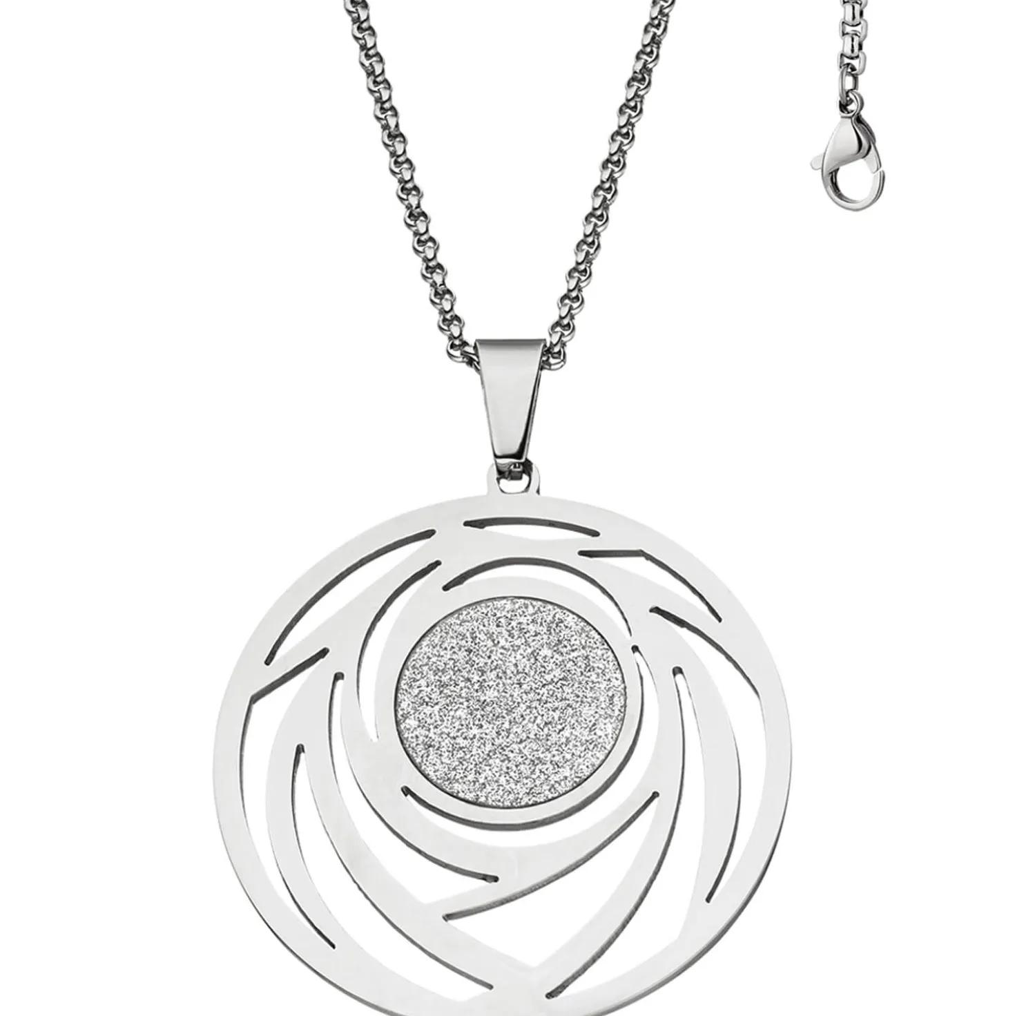 Collier Kette mit Anhänger rund mit Muster Glitzer Glitzereffekt Edelstahl, 80cm