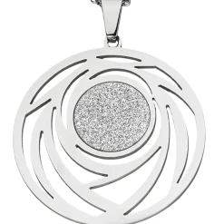Collier Kette mit Anhänger rund mit Muster Glitzer Glitzereffekt Edelstahl, 80cm
