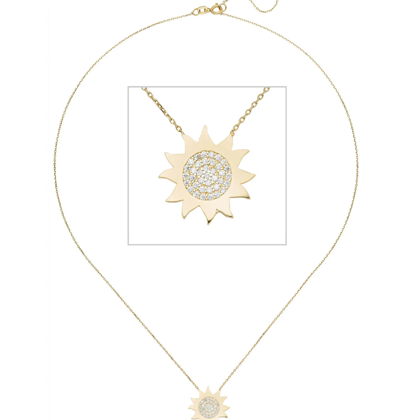 Collier Kette mit Anhänger Sonne aus 333 Gold Gelbgold mit 37 Zirkonia 42-45cm
