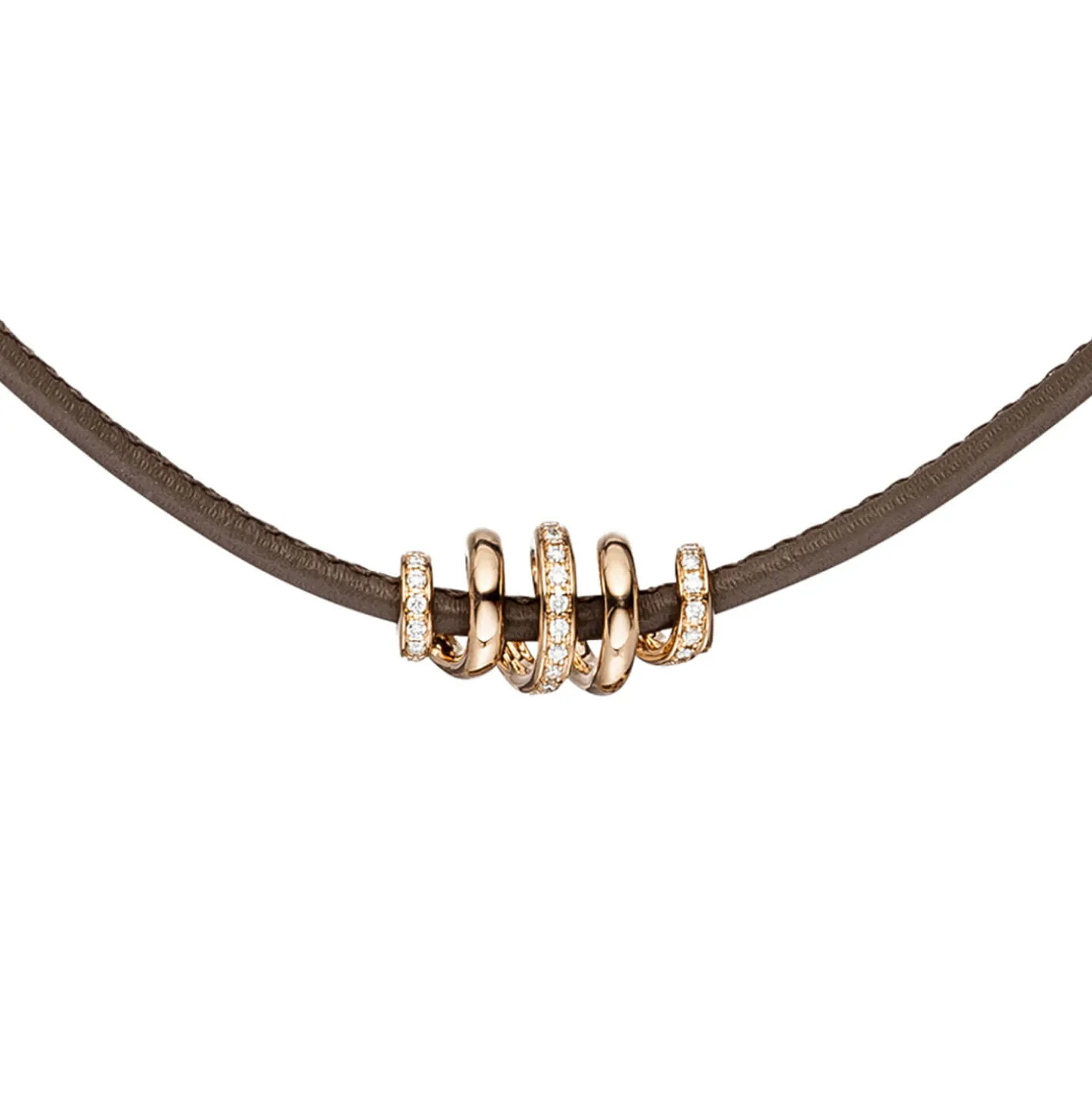 Collier Leder taupe mit Spirale 47 Diamanten 0.33Ct W/SI 585 Gold Rotgold 45cm