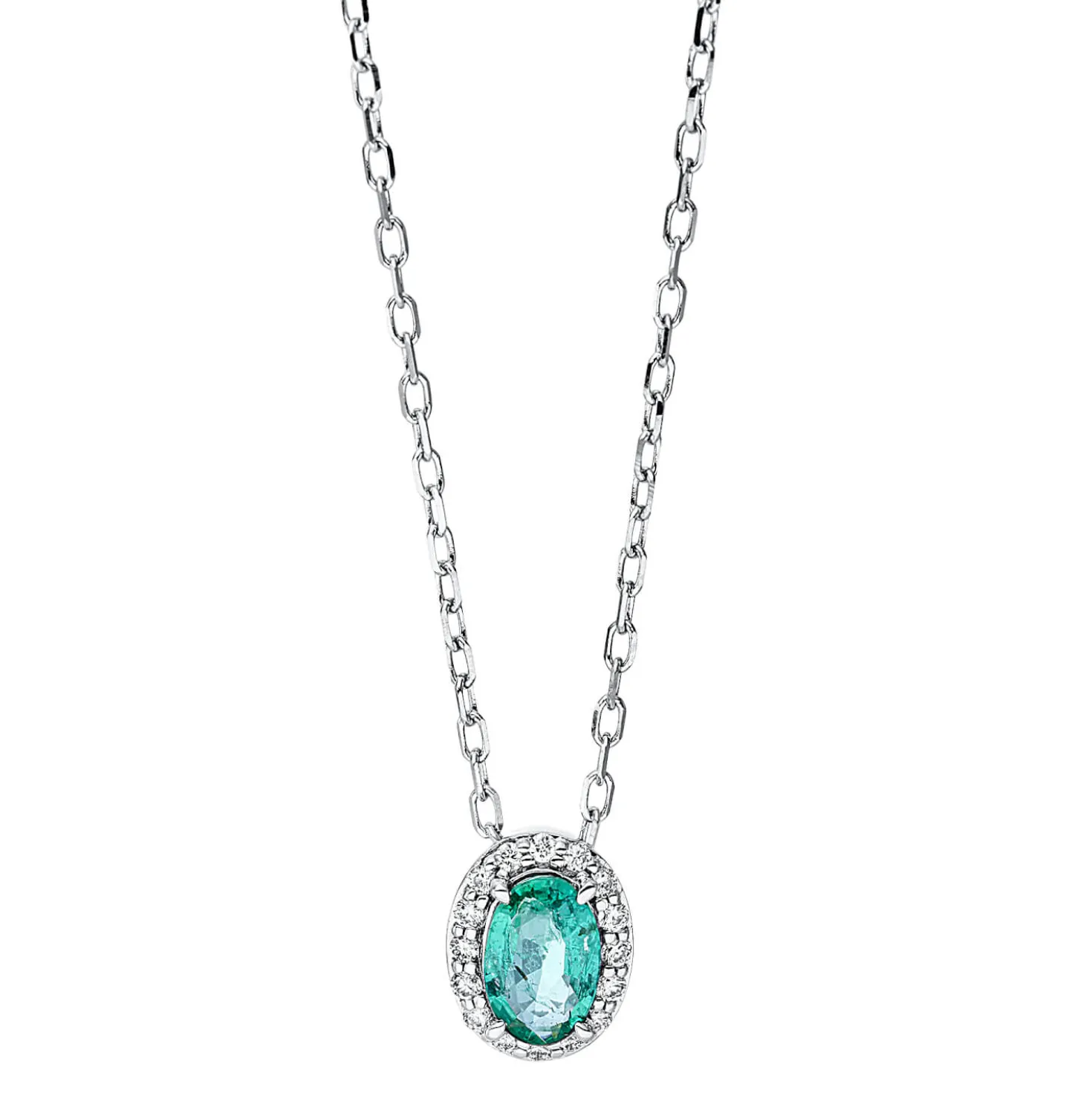 Collier Oval 750 Weißgold Smaragd 0,4ct grün 16 Brillanten 0,07ct TW-SI L:45,7cm