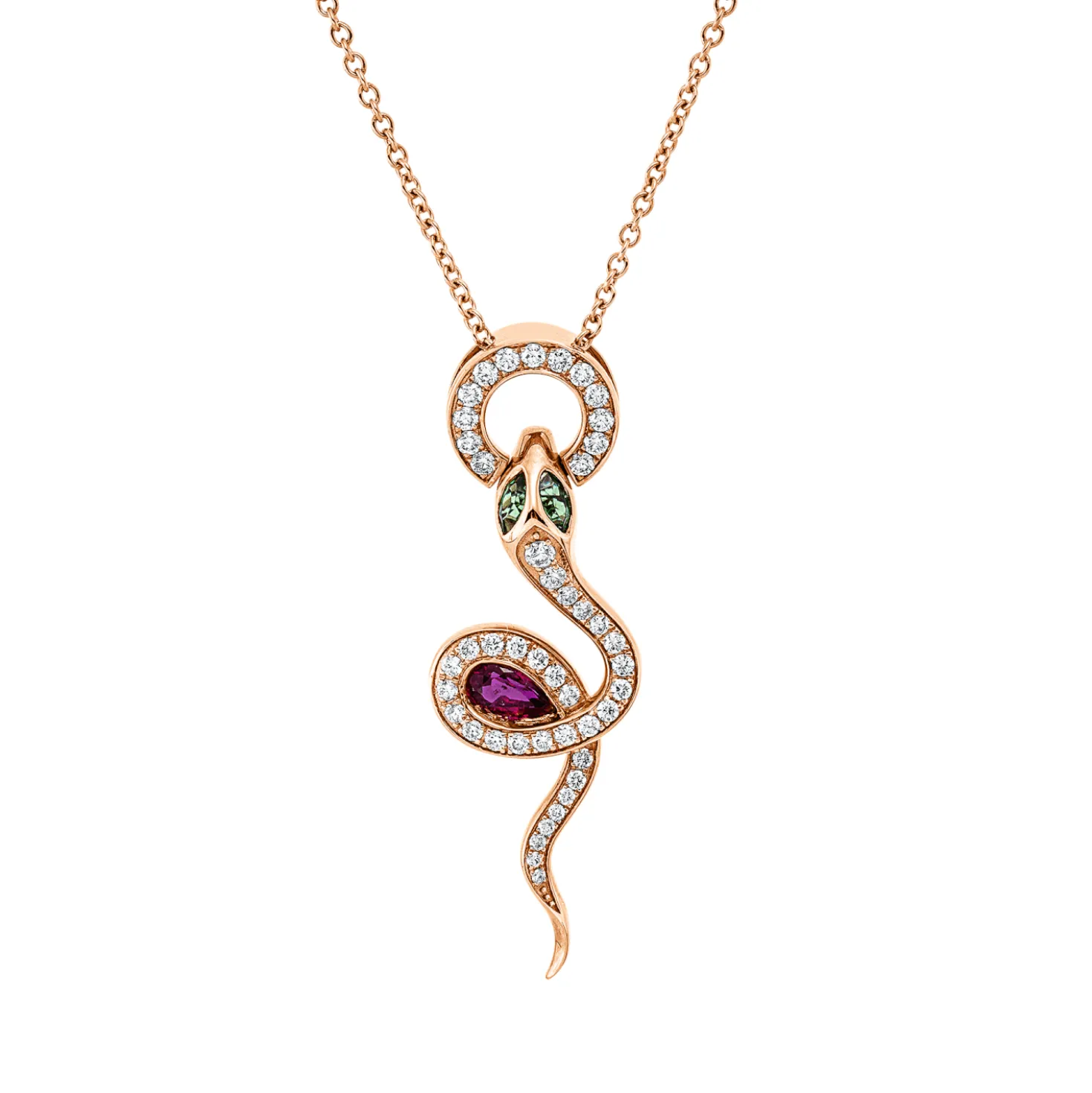 Collier Schlange 750 Rotgold 3 Tsavorithe 0,41ct grün 45 Brillanten 0,29ct F-VSI