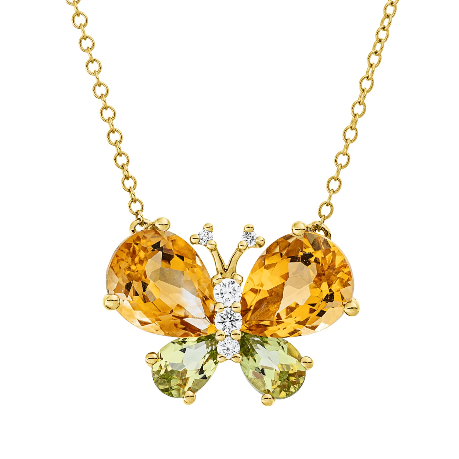 Collier Schmetterling 750 Gelbgold 4 Peridote 4,1ct grün 5 Brillanten 0,1ct TW-SI