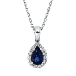 Collier Tropfen 750 Weißgold Saphir 0,57ct blau 15 Brillanten 0,09ct F-SI L:45cm