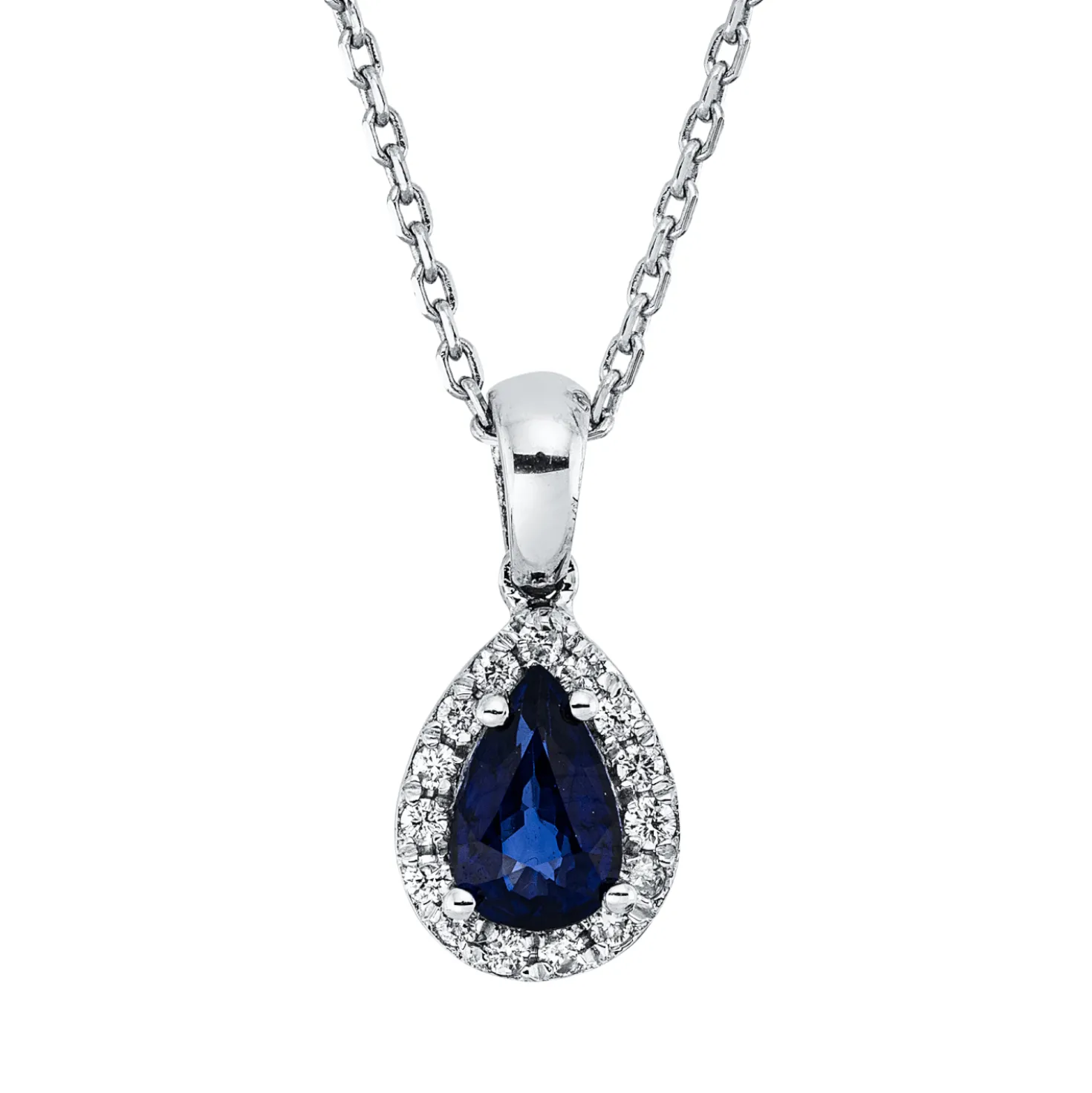 Collier Tropfen 750 Weißgold Saphir 0,57ct blau 15 Brillanten 0,09ct F-SI L:45cm