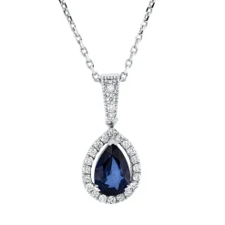 Collier Tropfen 750 Weißgold Saphir 0,68ct blau 24 Brillanten 0,15ct F-SI L:45cm