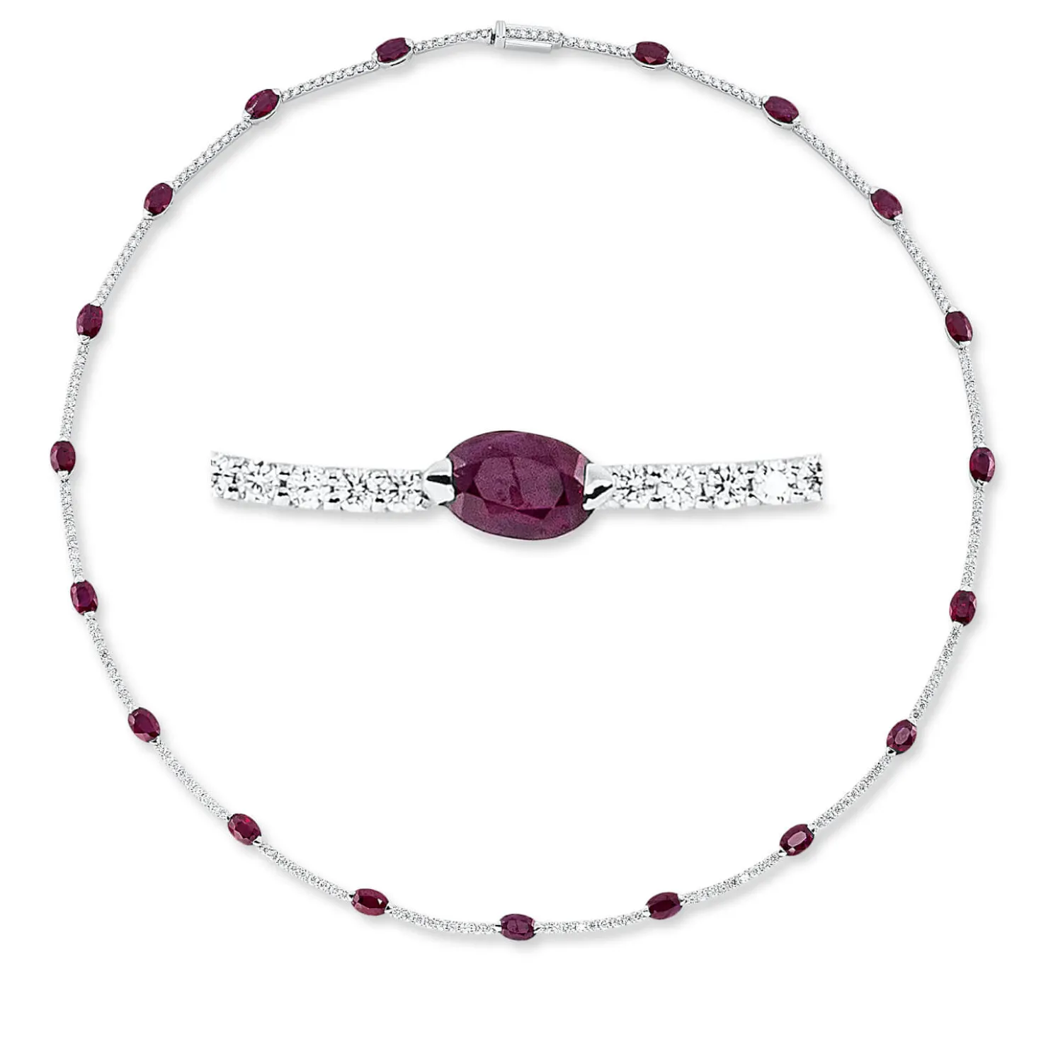Collier 750 Weißgold 19 Rubine 10,67ct rot 180 Brillanten 3,29ct TW-VSI/SI L:44cm