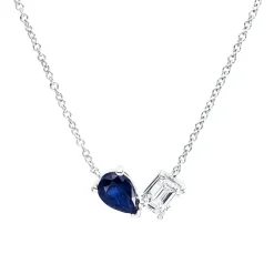 Collier 750 Weißgold Saphir 0,46ct blau Diamant Smaragd-Schliff 0,3ct TW-SI L:42cm