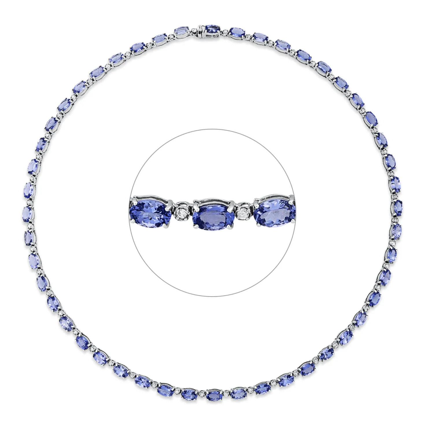 Collier 750 Weißgold 48 Tansanite 21,3ct blau 48 Brillanten 0,95ct F-PI L:41,5cm