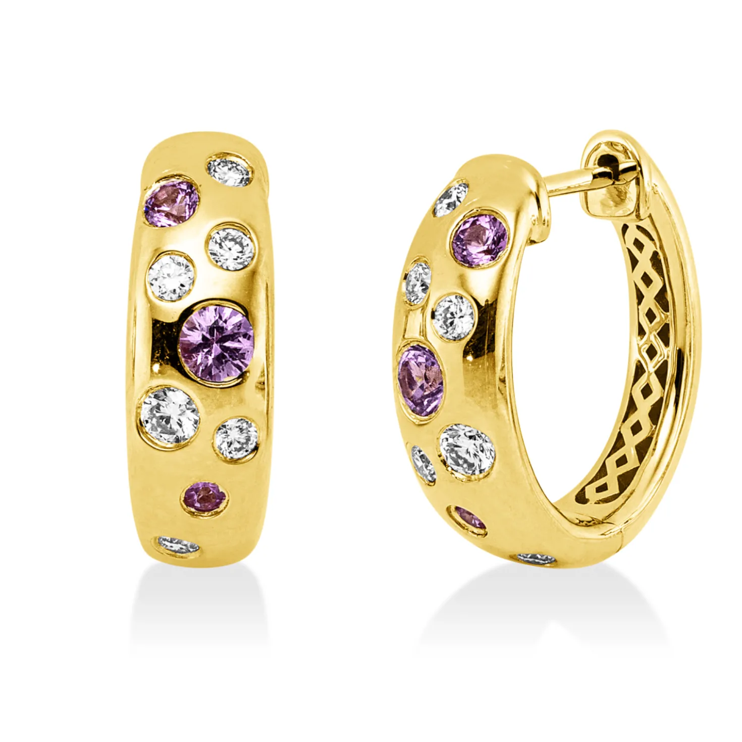 Creolen aus 585 Gelbgold 6 Saphire 0,28ct pink 12 Diamanten 0,22ct TW-SI 15,1x5mm