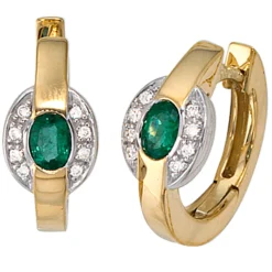 Creolen Creole mit Smaragd grün 16 Diamanten 0.06Ct W/SI 585 Gold Goldohrringe