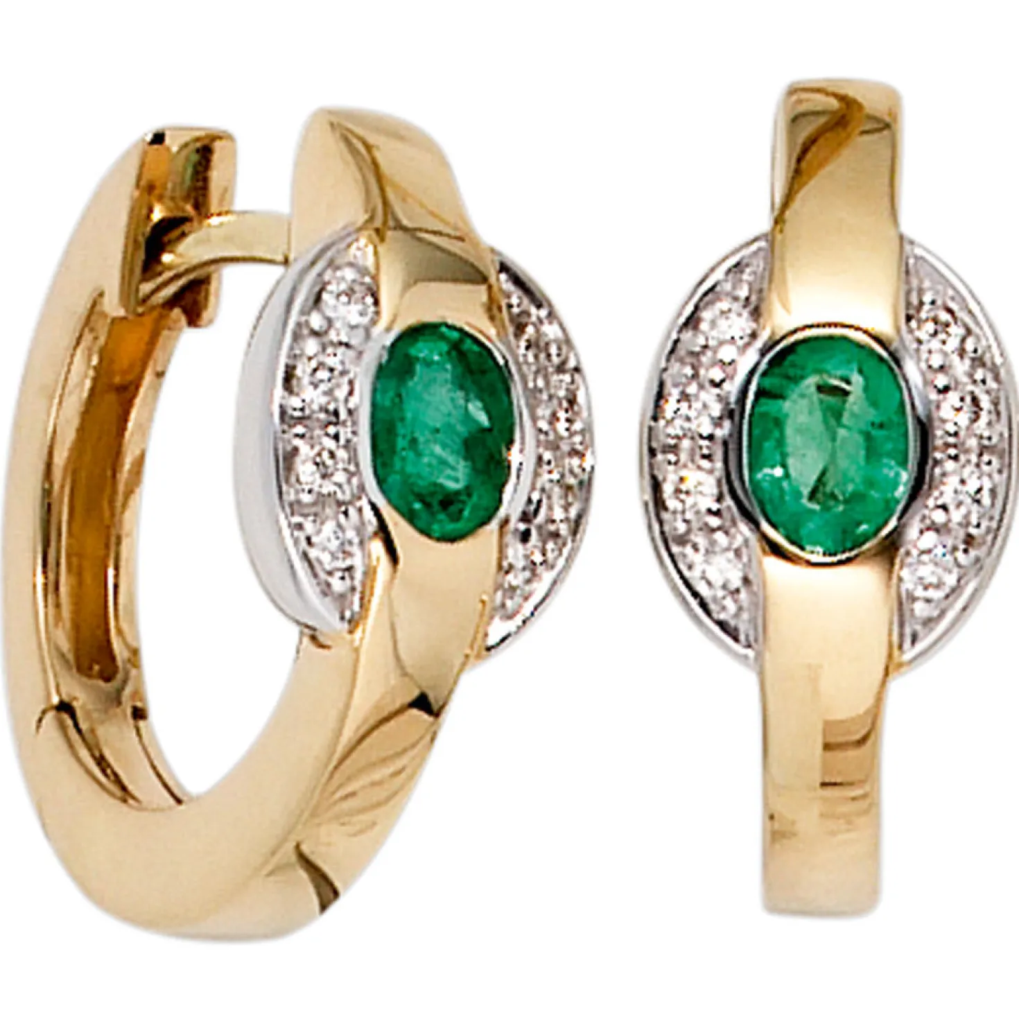 Creolen Creole mit Smaragd grün 16 Diamanten 0.06Ct W/SI 585 Gold Goldohrringe