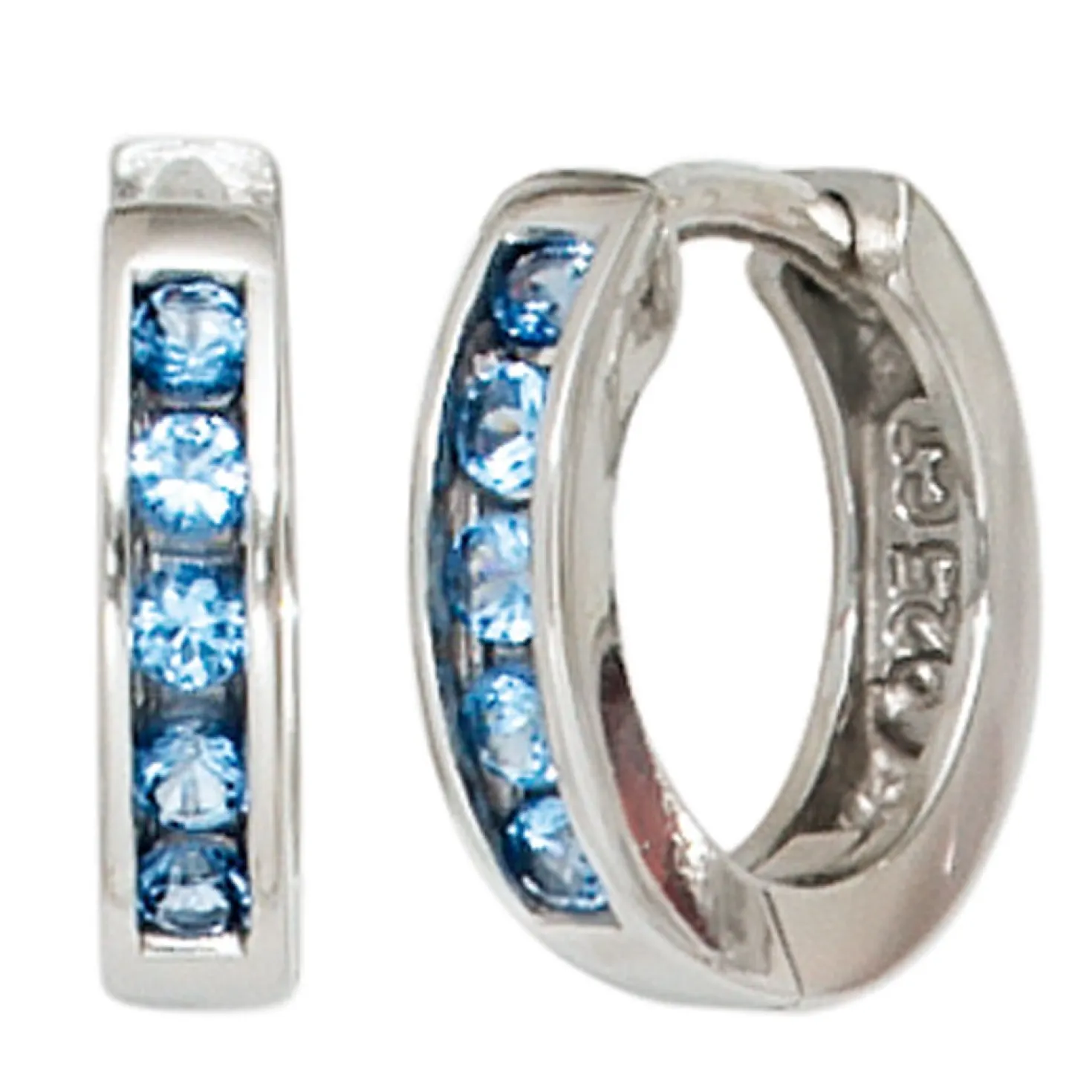 Creolen Creole Ohrringe aus 925 Silber mit 10 Zirkonia blau hellblau