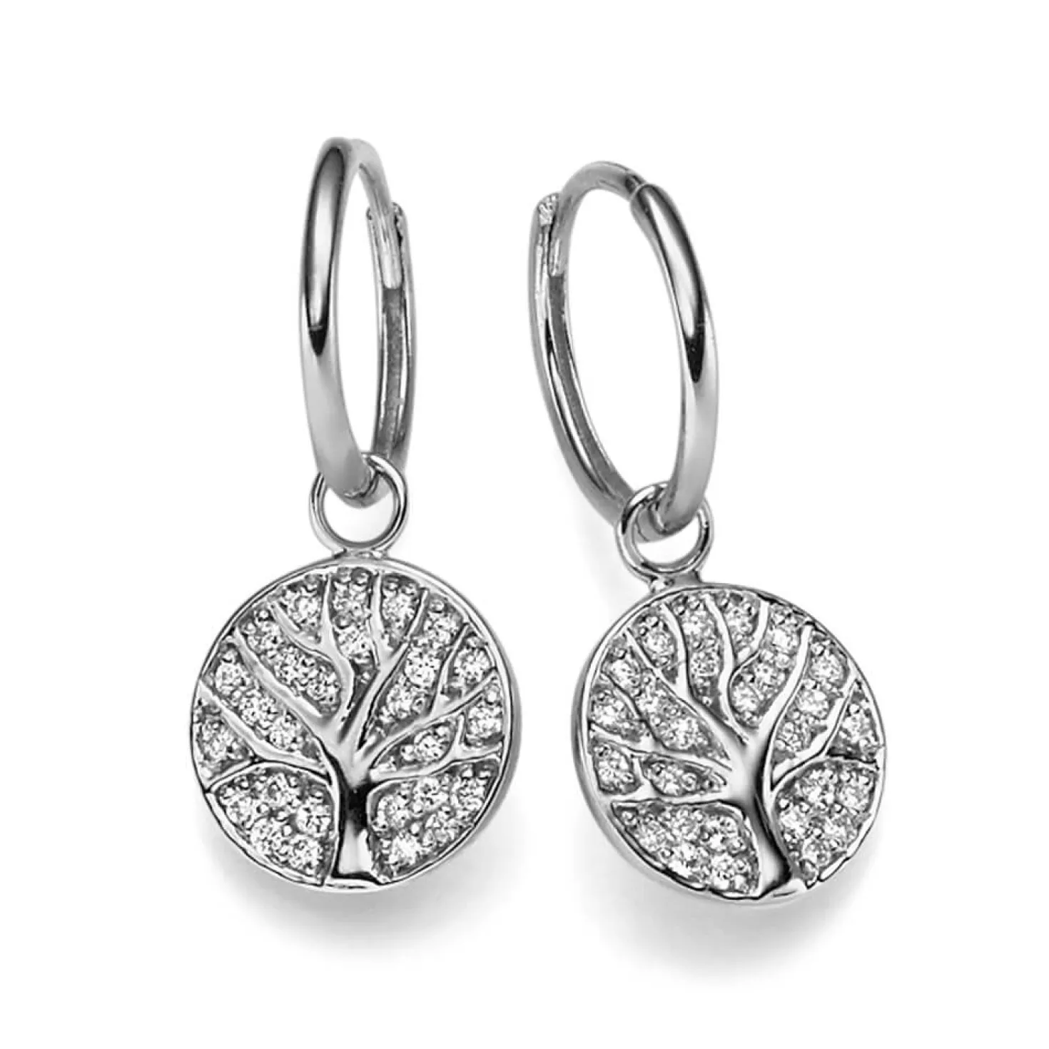 Creolen mit Anhänger Lebensbaum 585 Weißgold 54 Diamanten 0,27 Ct TW-SI