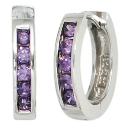 Creolen 2,9mm Creole 925 Silber mit 10 Zirkonia lila Klappmechanik Ohrschmuck