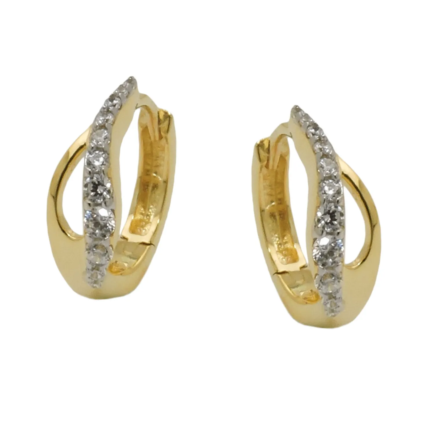 Creolen 13x5mm Klappcreolen, bicolor mit weißen Zirkonia, 375 Gold Gelbgold