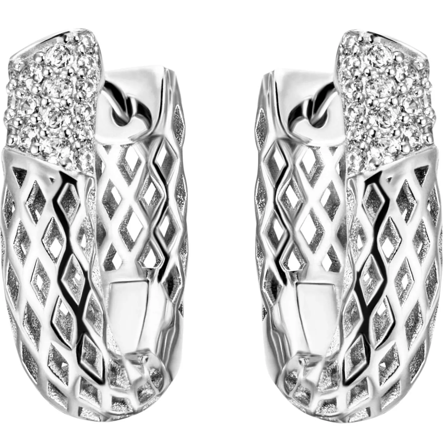 Creolen 5,4x19,2mm 32 Zirkonia weiß 925 Silber rhodiniert Ohrringe Netz-Muster
