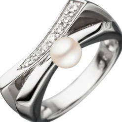 Damenring mit Süßwasser-Zuchtperle & Zirkonia weiß 925 Silber Perlenring
