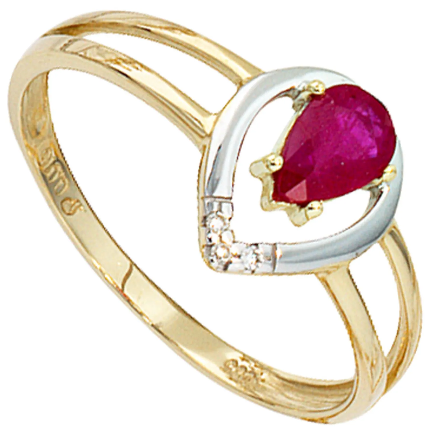 Damenring Ring mit Rubin & 3 Diamanten 0.015Ct W/P1 Brillanten 585 Gold Gelbgold