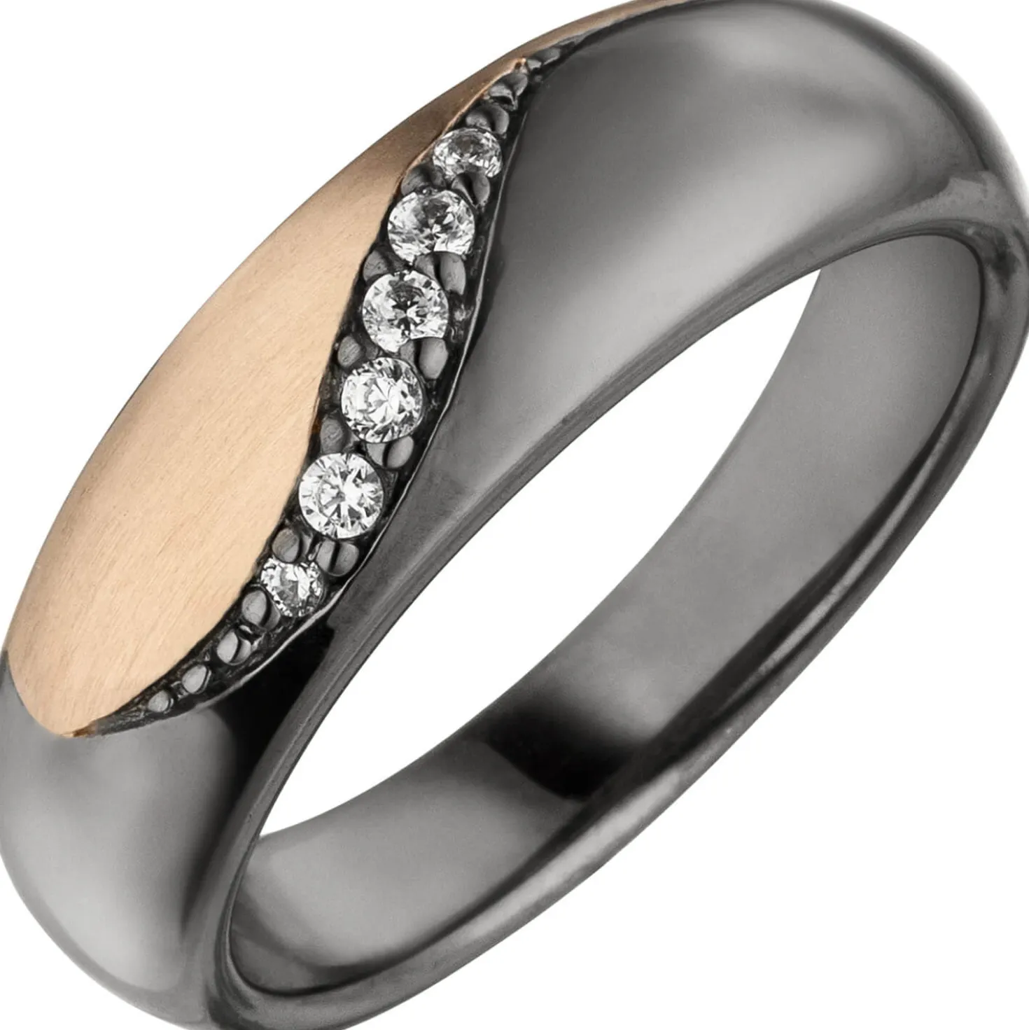 Damenring Ring mit 6 Zirkonia weiß, 925 Silber schwarz rhodiniert Fingerring