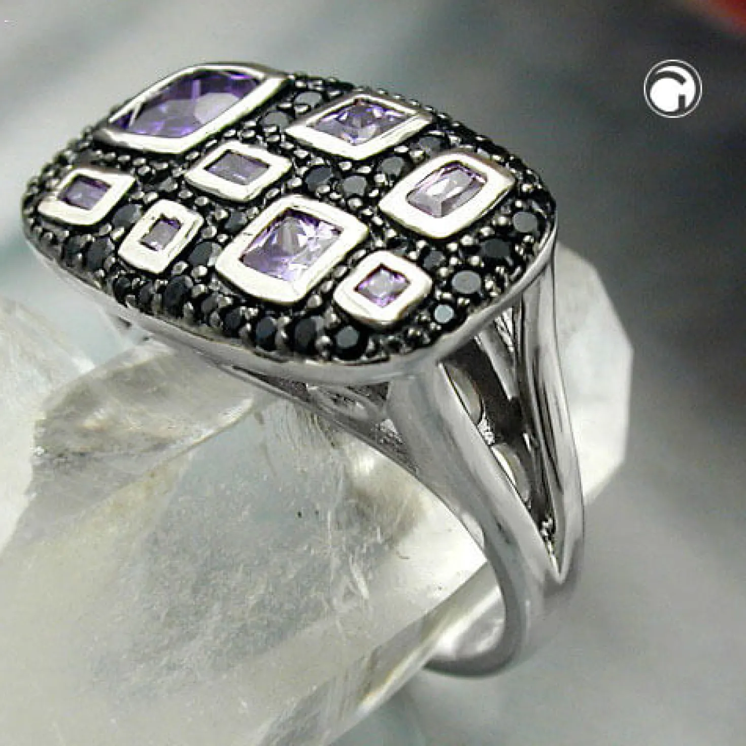 Damenring Zirkonia lila-schwarz flache Viereckform 925 Silber