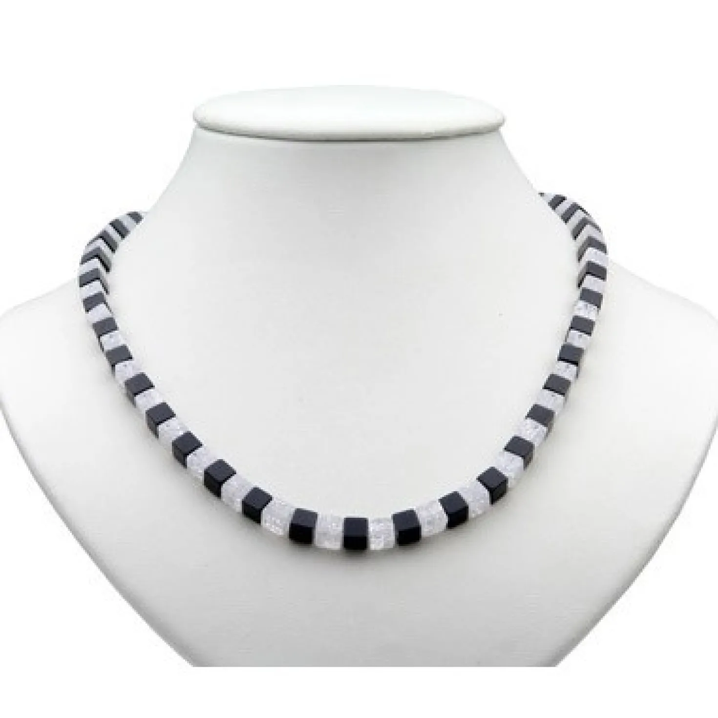 Designerkette Collier aus Onyx & Bergkristall, 925 Silber Würfel schwarz-weiß