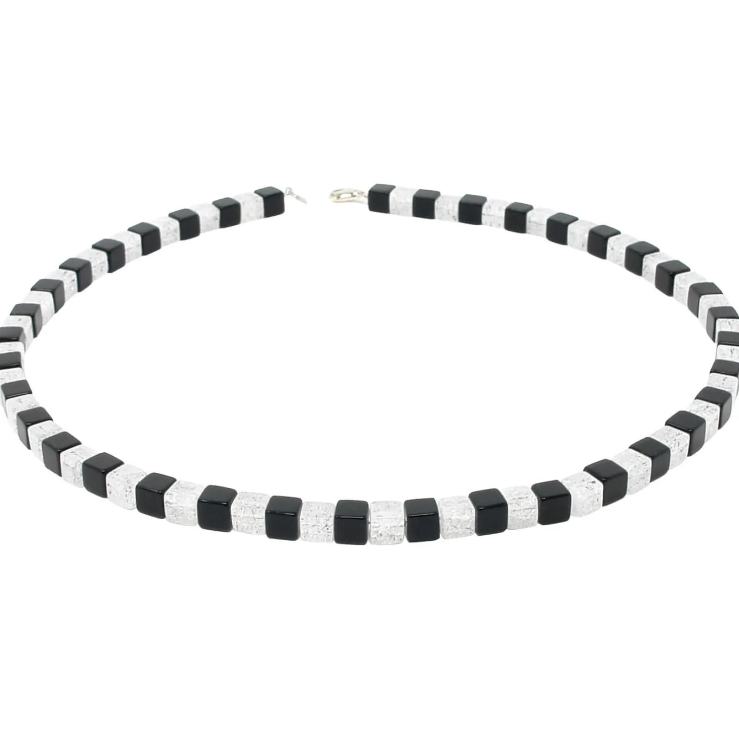 Designerkette Collier aus Onyx & Bergkristall, 925 Silber Würfel schwarz-weiß