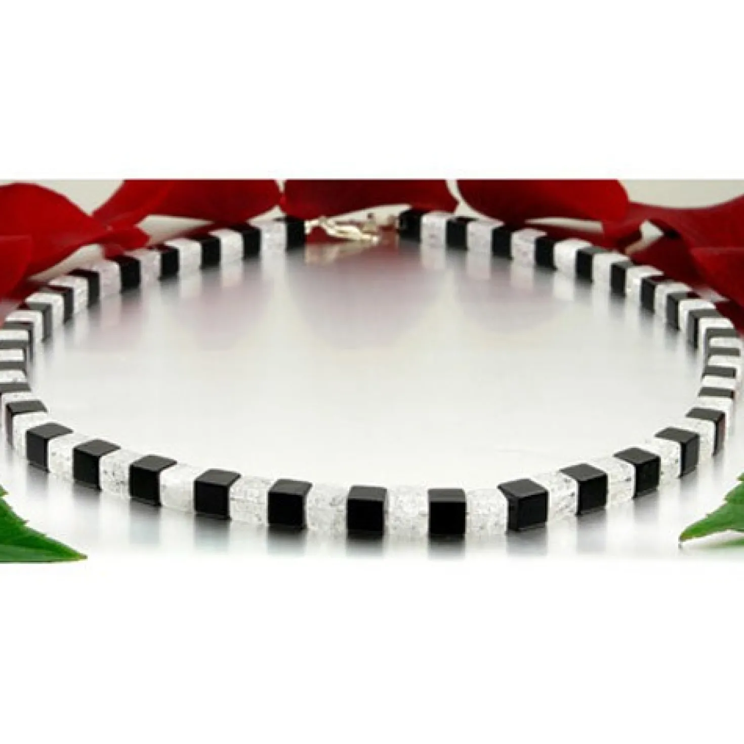 Designerkette Collier aus Onyx & Bergkristall, 925 Silber Würfel schwarz-weiß