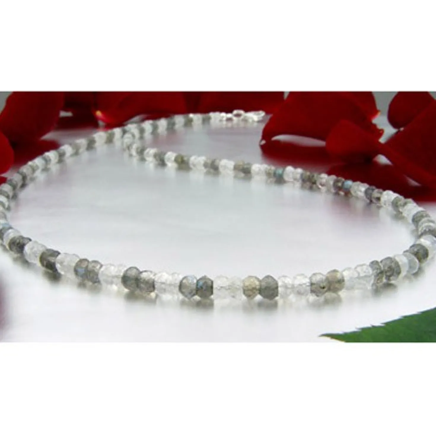 Edelsteinkette aus echtem Mondstein & Labradorit weiß-grau facettiert 925 Silber